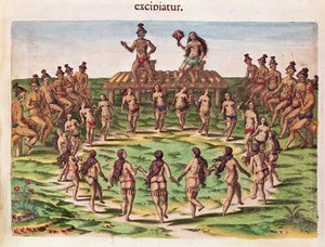 يستقبل الرئيس عروسه ، من "Brevis Narratio .." ، منقوش بواسطة Theodore de Bry (1538-98) المنشور في فرانكفورت ، 1591 بواسطة جاك لو موين